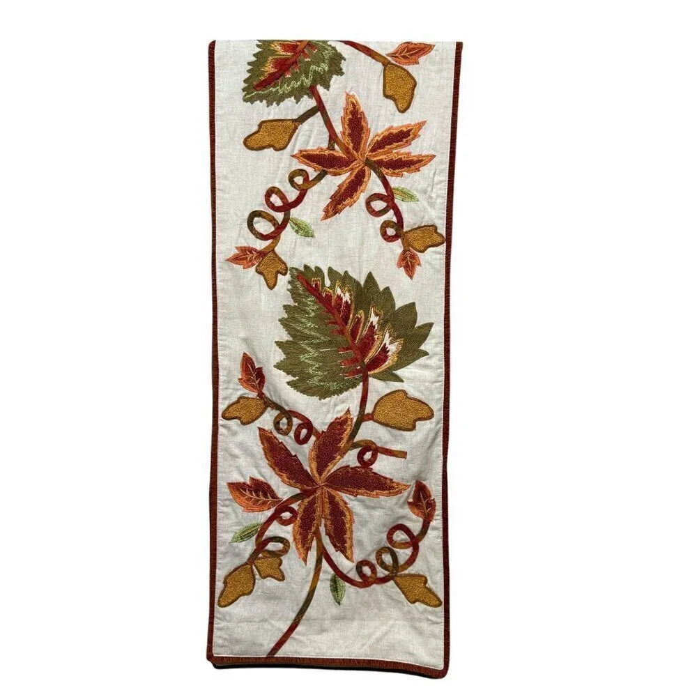 PIER 1 IMPORTS Table Runner Embroidered Harvest Floral and Leaves 14x70